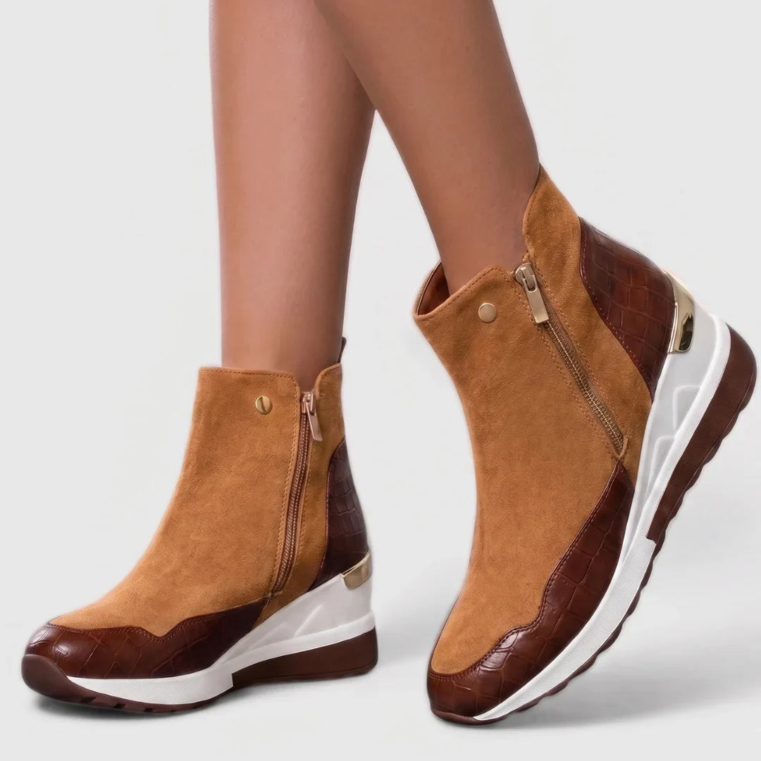 Women's suede side zip ankle boots with crocodile-embossed panels – Cognac Brown