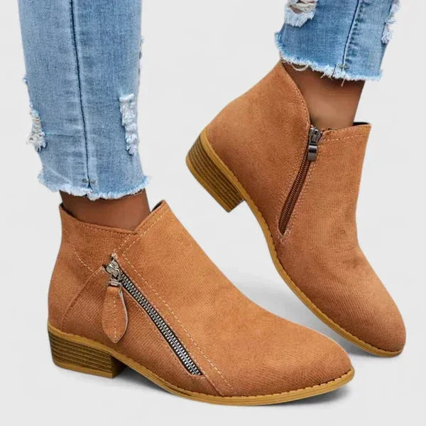 Women's suede side zip ankle boots with low block heel – Orange
