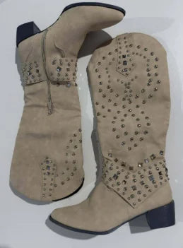 Women's pointed-toe knee-high boots with block heel – Beige