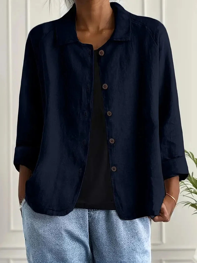 Women's oversized button-front blazer with spread collar – Navy Blue