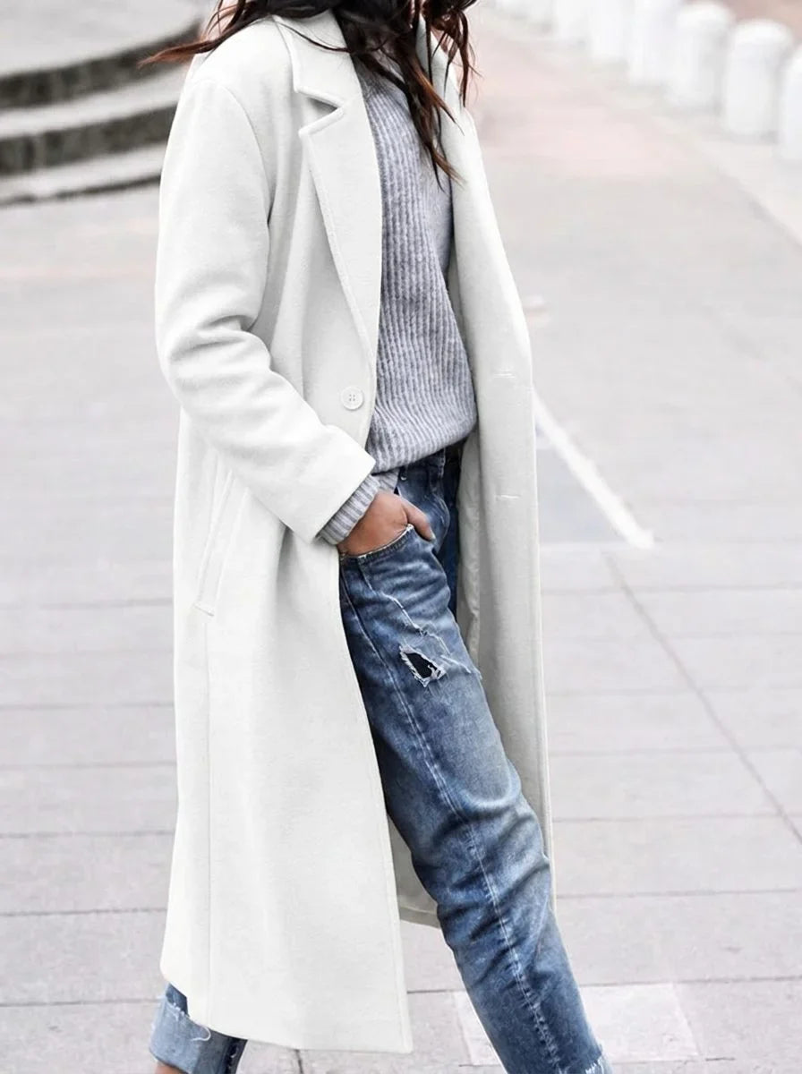 Women's oversized button-up trench coat with lapel collar – White