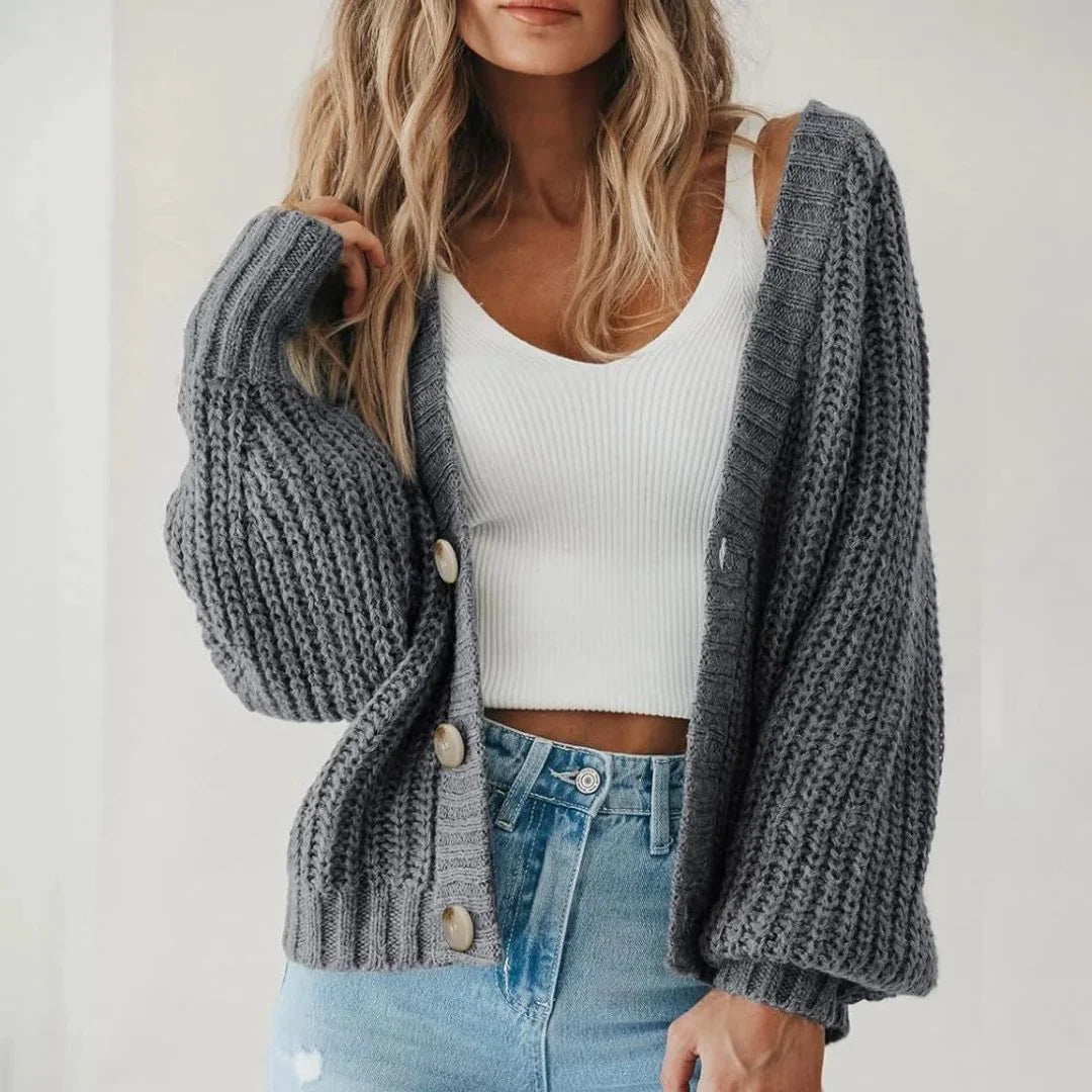 Women's oversized cardigan with V-neck and balloon sleeves – Gray
