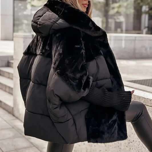 Women's quilted hooded coat with plush faux-fur panels – Black