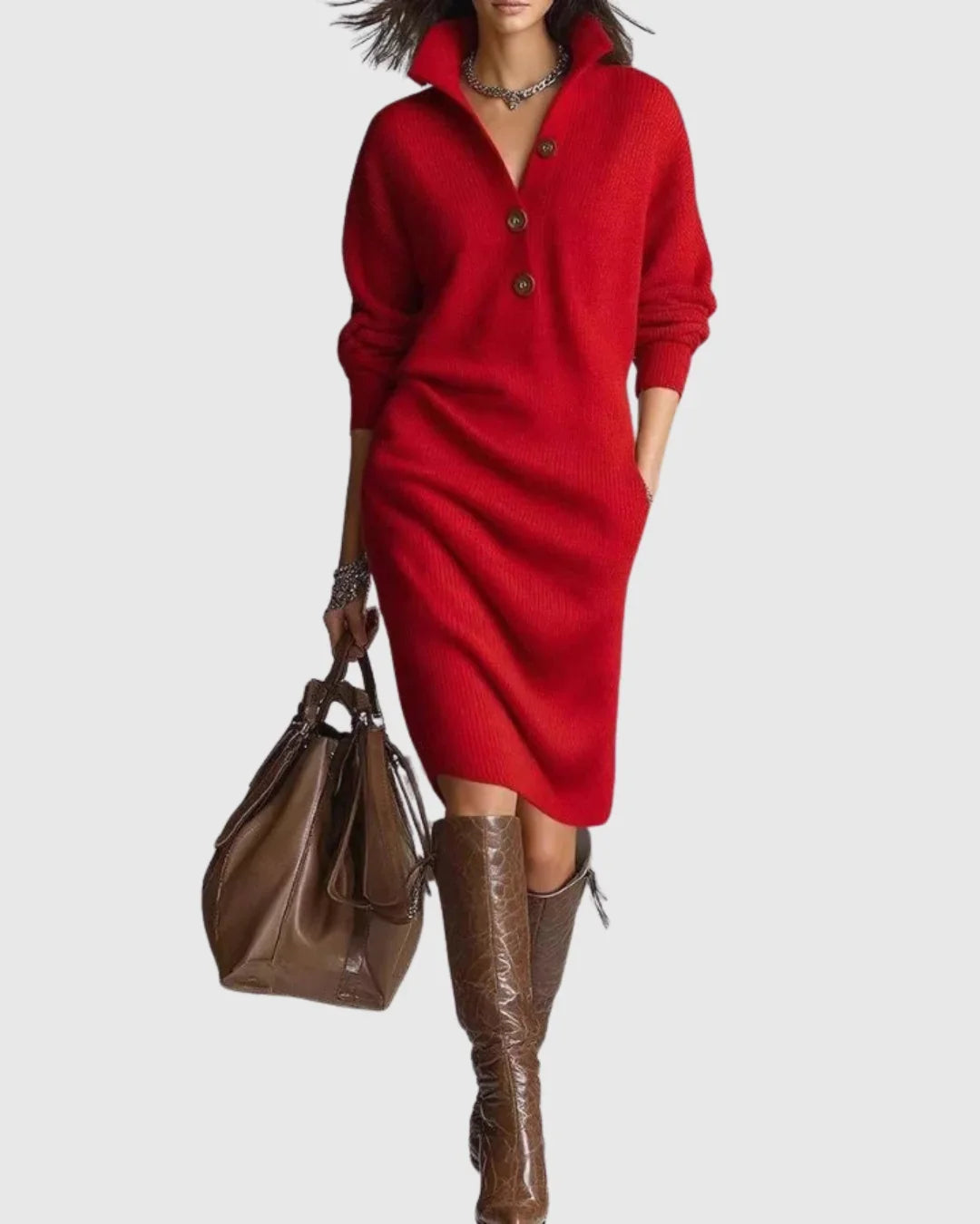 Women's ribbed wool knit midi dress with button-up neckline – Red