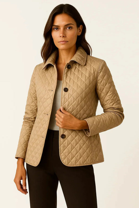 Women's quilted button-down blazer with check-pattern cuffs – Beige
