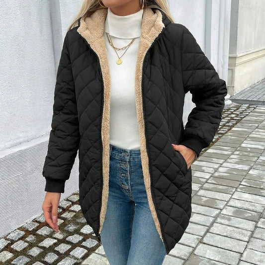 Women's quilted longline puffer coat with fleece-lined hood – Black