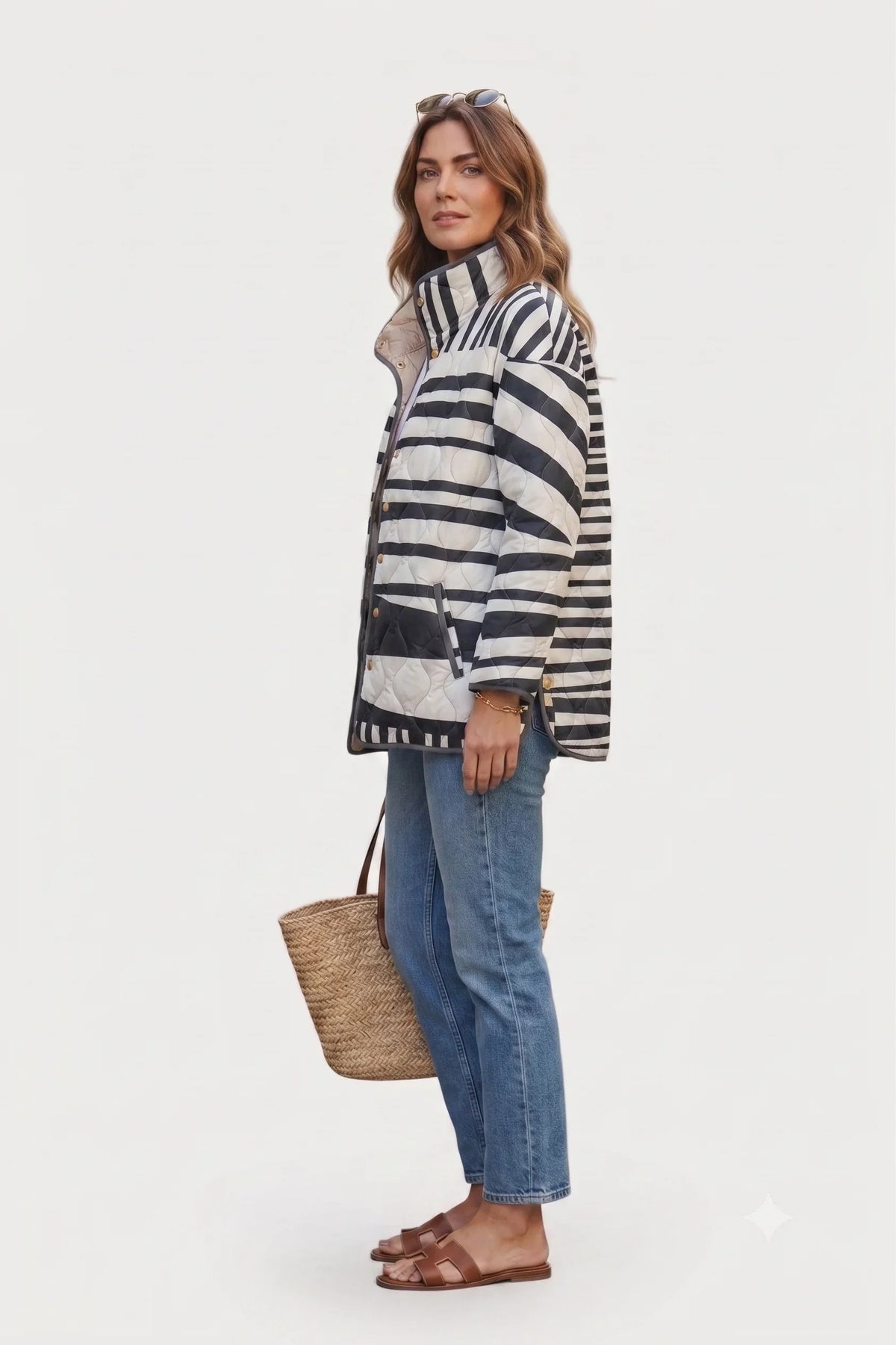 Women's quilted puffer jacket with striped pattern and stand collar – Multicolor