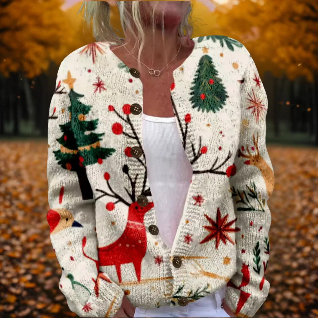 Women's knit button-front V-neck cardigan with christmas pattern – MultiColour
