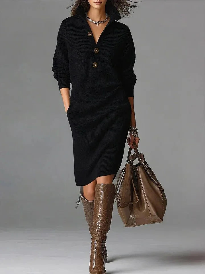 Women's ribbed knit sweater dress with collared button front – Black