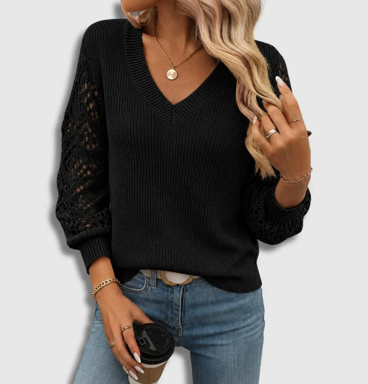 Women's ribbed knit V-neck sweater with open lace sleeves – Black