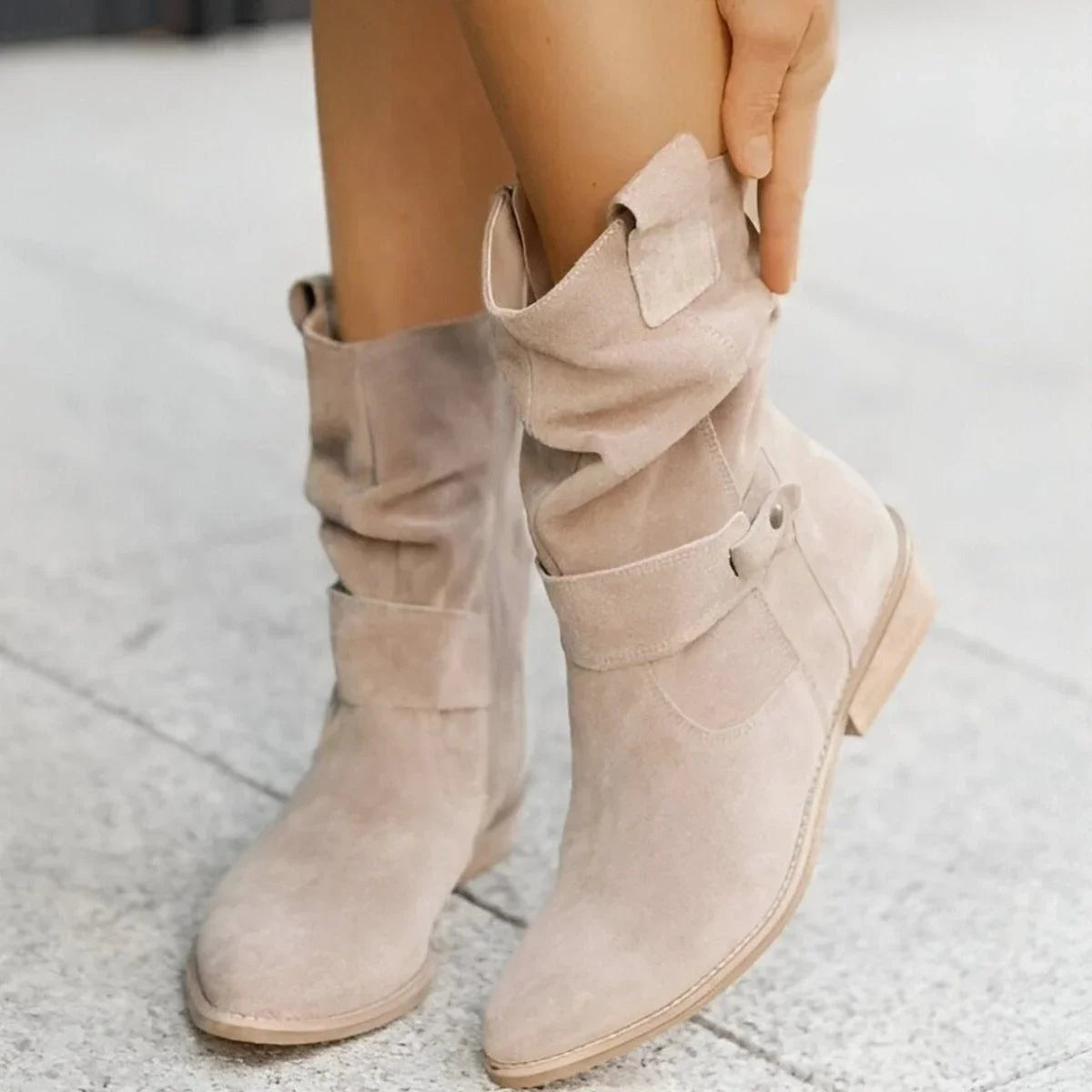 Women's slouchy faux suede mid-calf boots with button strap
