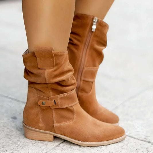 Women's slouchy faux suede mid-calf boots with button strap
