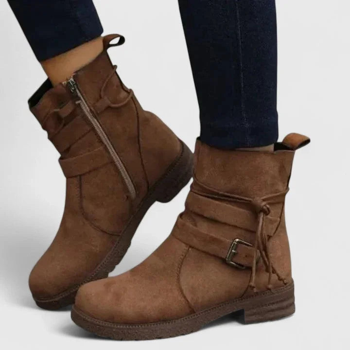 Women's suede side zip ankle boots with decorative laces – Brown