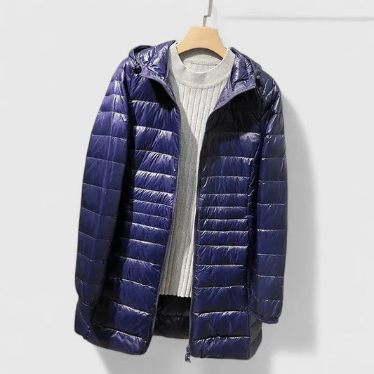 Women's quilted zip-up hood puffer coat with shiny finish – Navy Blue
