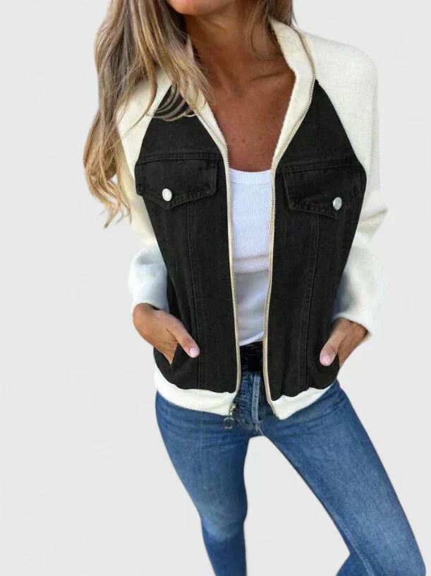 Women's colourblock denim zip-up bomber jacket with chest pockets – White Black