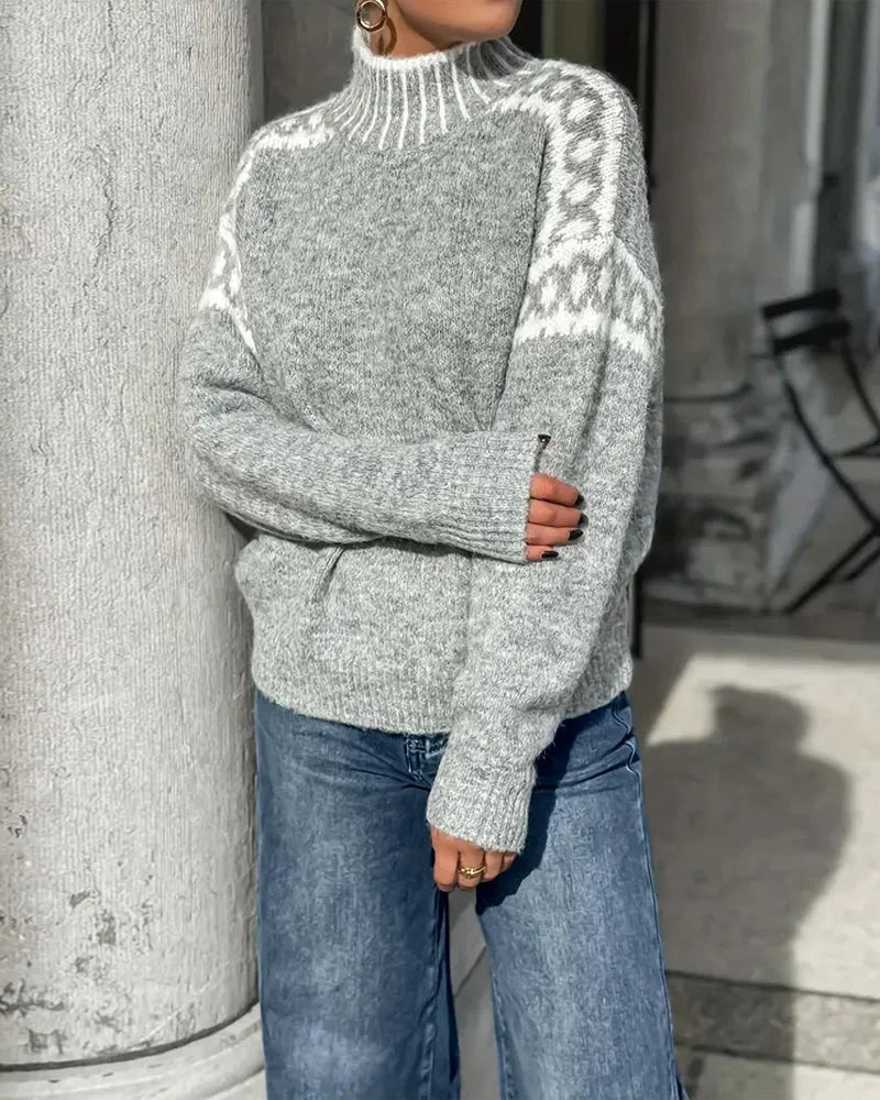 Women's fair isle knit roll neck jumper with pattern – Grey