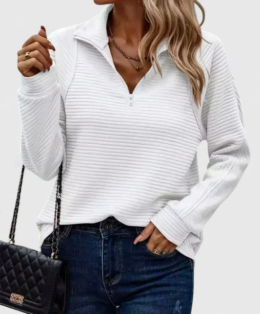 Women's ribbed half-zip stand collar jumper with texture – White