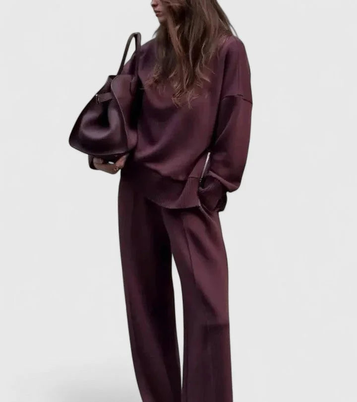 Women's knit roll neck two piece set with wide leg – Deep Red
