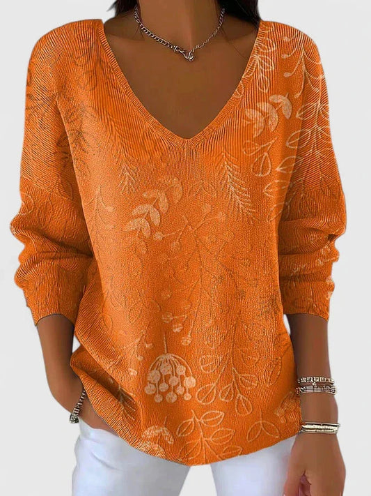 Women's floral ribbed V-neck jumper with leafy pattern – Orange