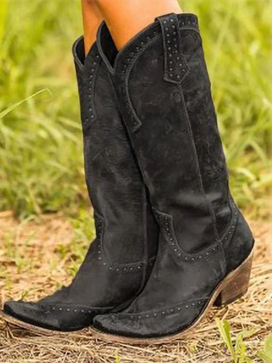 Women's distressed suede knee-high cowboy boots with studs – Black