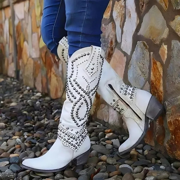 Women's studded knee-high western boots with stacked heel – White
