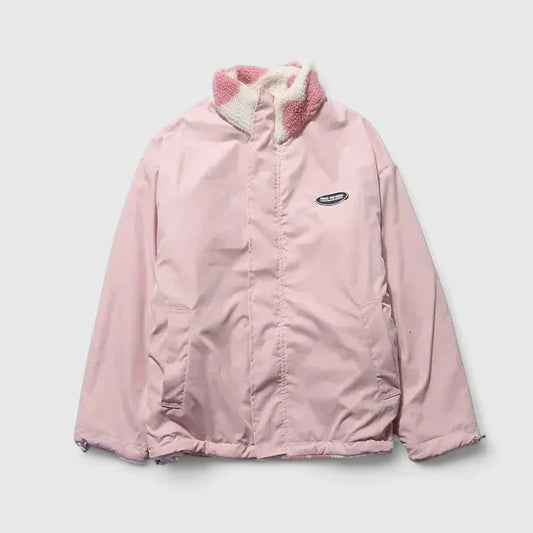 Women's borg zip-up stand collar fleece jacket with heart print
