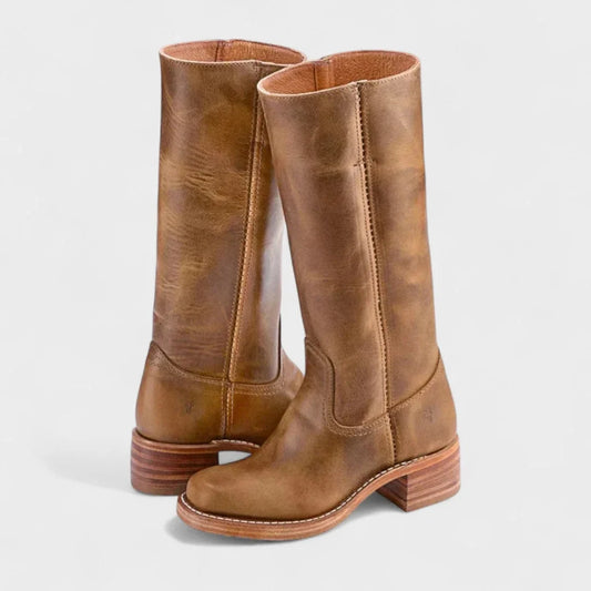 Women's tall leather calf boots with equestrian-inspired design – Light Brown