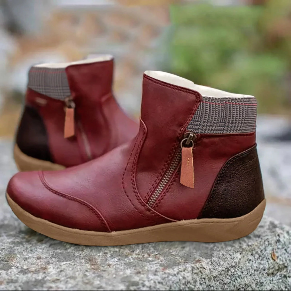Women's waterproof leather ankle boots with side zipper – Red