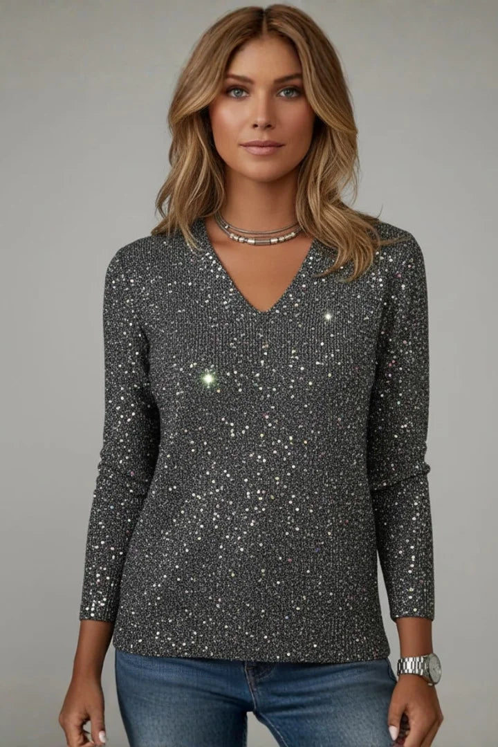 Women’s sequin V-neck long sleeve jumper – Black
