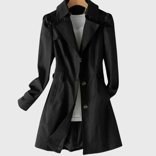 Women's A-line coat with notched lapel and single-breasted buttons – Black