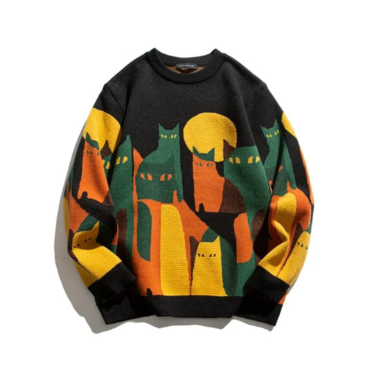 Women's abstract cat graphic knit sweater with long-sleeve crewneck – Black