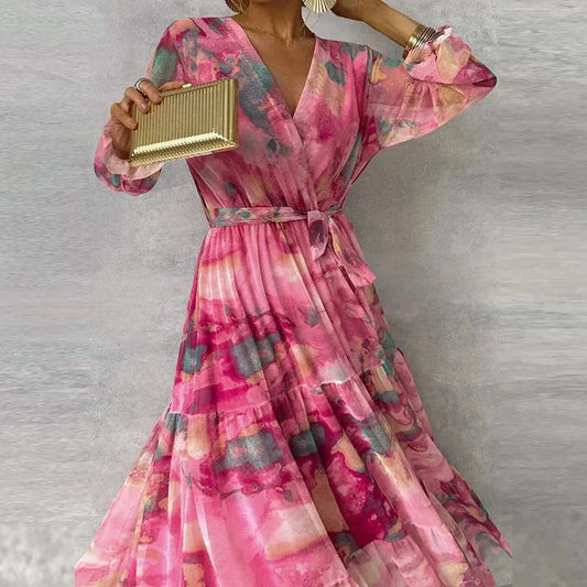 Women's abstract floral wrap maxi dress with V-neck and long-sleeve tiered skirt – Pink