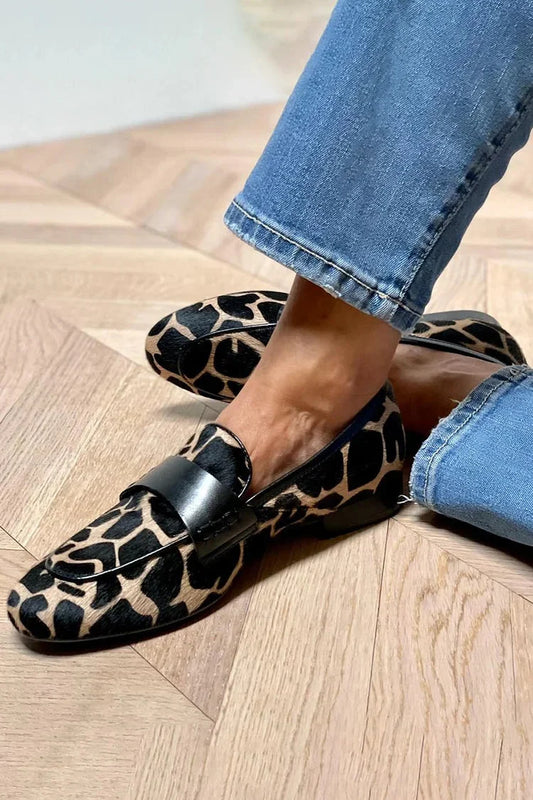 Women's animal print calf-hair slip-on loafers with strap – Black