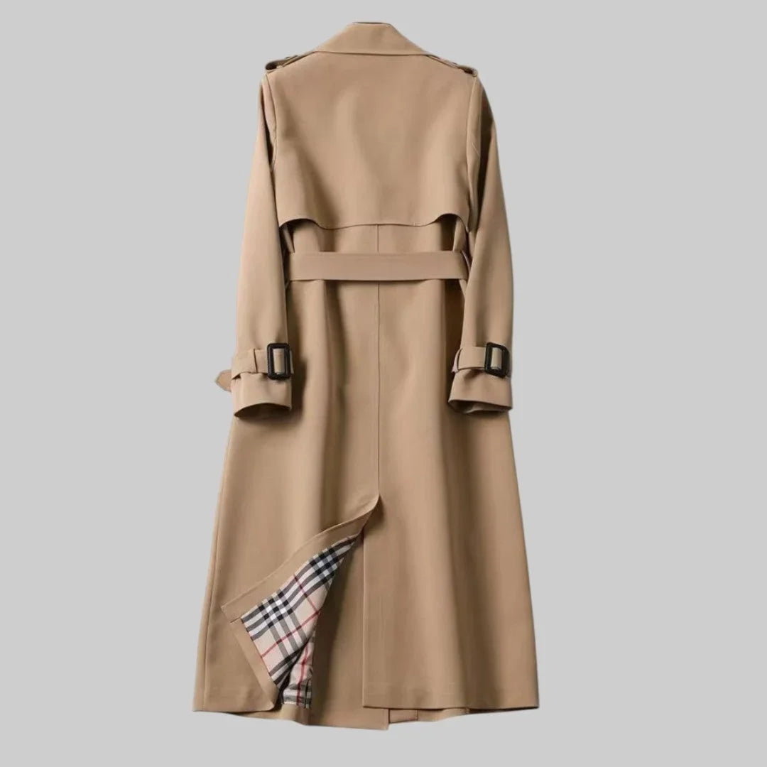 Women's double-breasted trench coat with belted waist and plaid lining