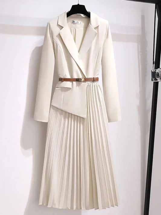 Women's belted pleated blazer-style midi dress with notched lapel – Beige