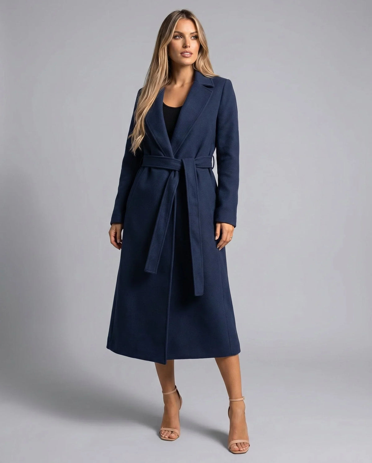 Women's belted wool-blend long lapel trench coat – Navy