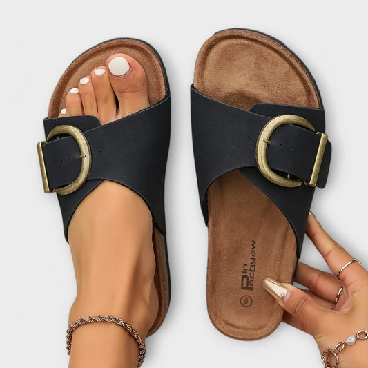 Women's faux-leather cork-footbed slide sandals with big buckle