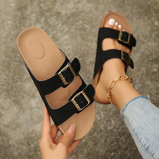 Women's faux-suede flat cork-footbed two-strap sandals with buckles – Black