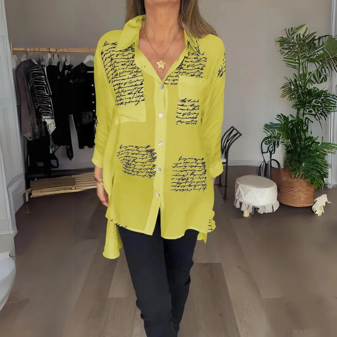 Women's handwritten script print oversized shirt with button-up long sleeve – Yellow