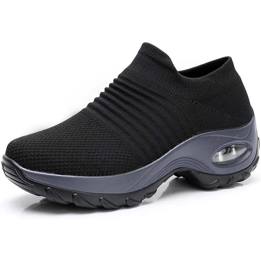 Women's knit slip-on sneakers with arch support and air-cushion sole – Black (Gray Sole)