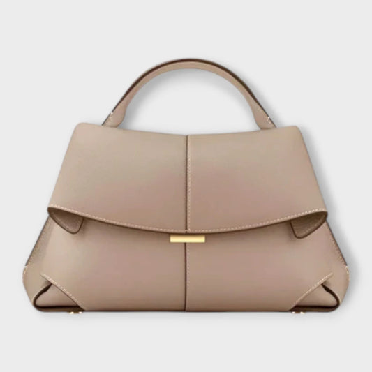 Women's leather top-handle handbag with flap closure and contrast stitching – Beige