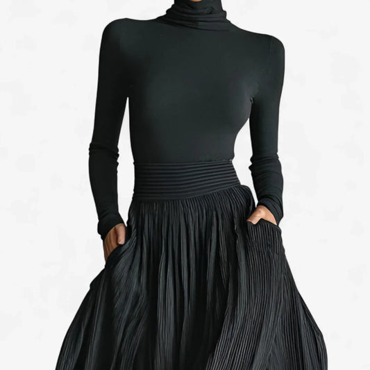 Women's pleated maxi dress with turtleneck long sleeves and high-slit – Black