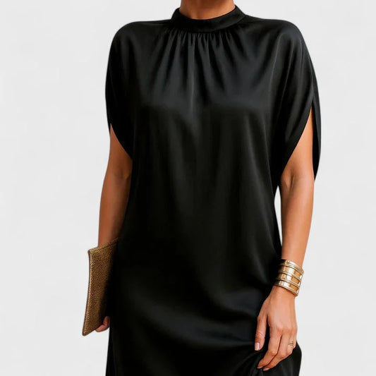 Women's satin mock-neck mini dress with split-sleeve and ruched neckline – Black