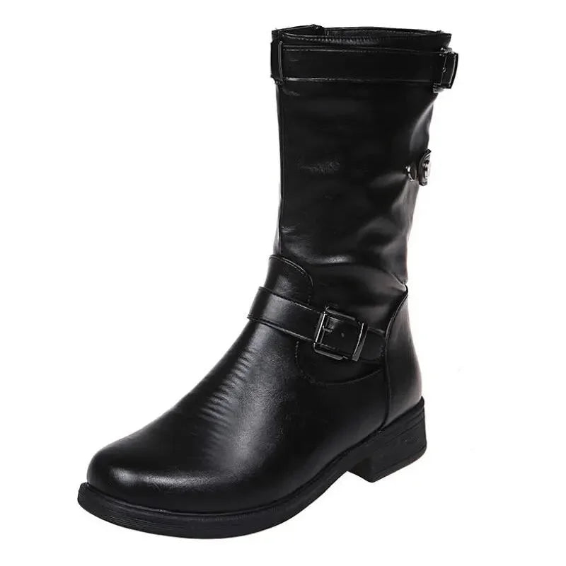 Women's supportive comfort mid-calf biker boots with side zipper