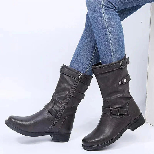 Women's supportive comfort mid-calf biker boots with side zipper – Grey