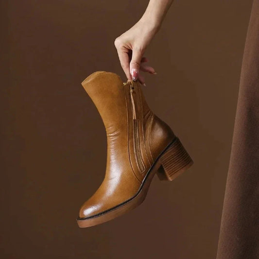 Women's block-heel side-zip leather ankle boots