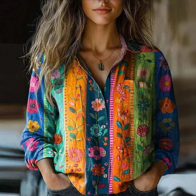 Women's bohemian patterned relaxed-fit blouse with button-front long sleeves – Multicolored