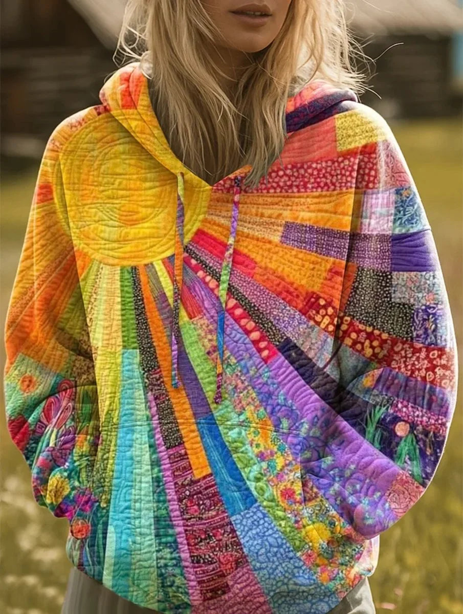 Women's bohemian quilted patchwork pullover hoodie sweater – Multicolor