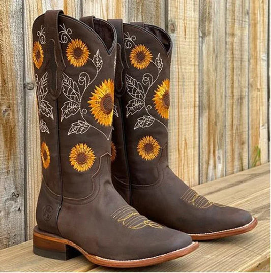 Women's bohemian sunflower-embroidered western leather boots