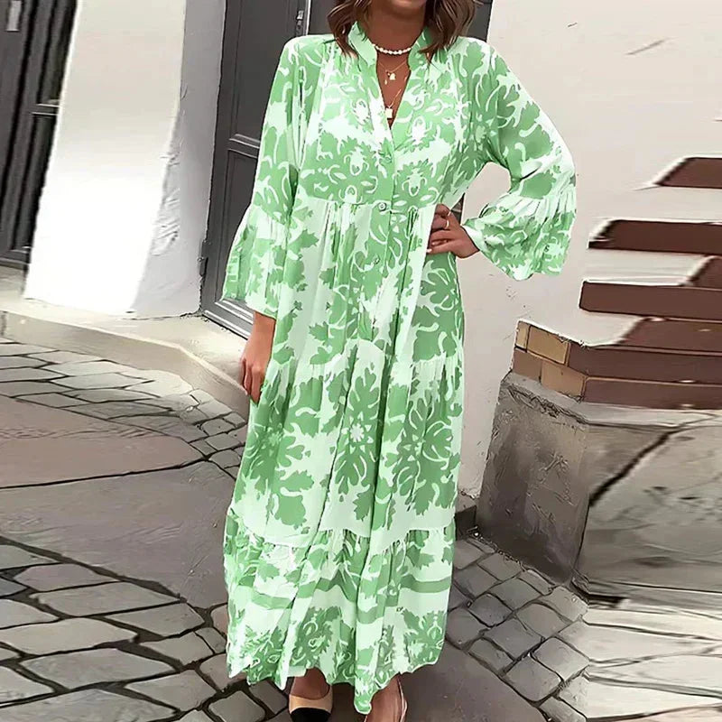 Women's boho printed flowy maxi dress with V-neck long bell-sleeves – Green